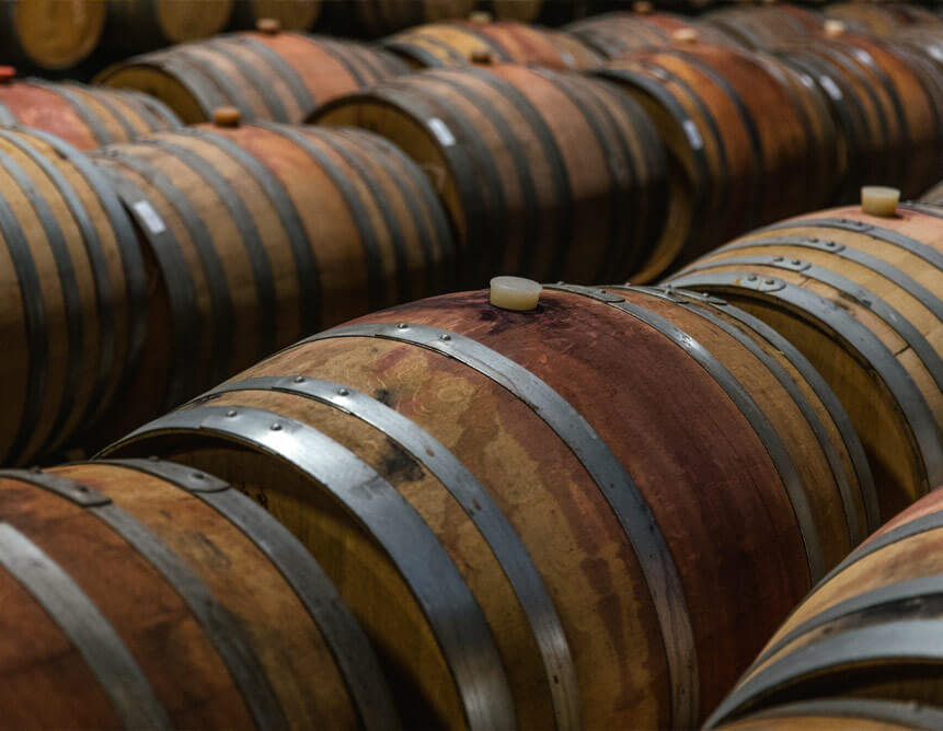 Corked barrels at a winery
